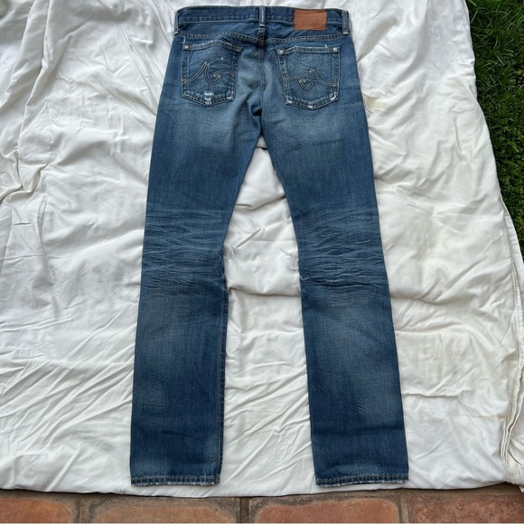 AG Straight Leg Selvedge Jeans Distressed Ripped Knees Medium Blue Wash - Picture 5 of 11